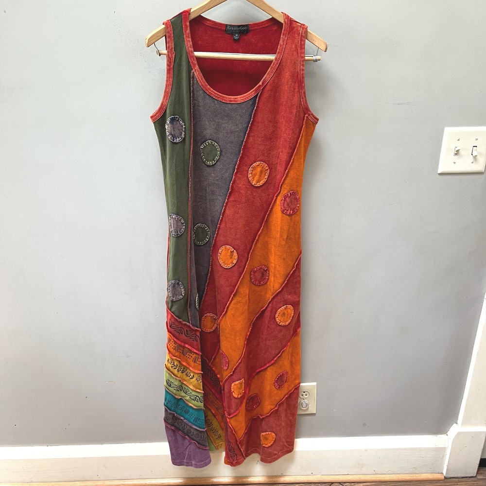GreaterGood Patchwork Dress Sleeveless Colorful Boho Hippie Casual Size‎ M